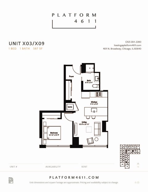 Floor plan for 1 bed, 1 bath, 604 sqft